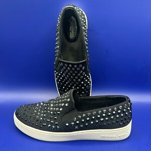 Michael Kors Keaton Sneakers Womens Sz 7M Black Black Crystal Rhinestone Slip On